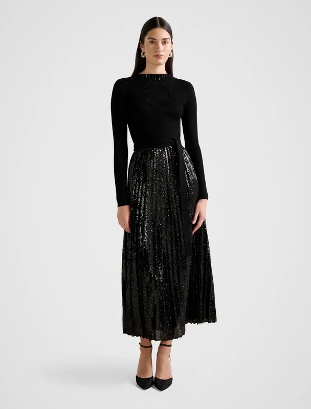 LINA Sequined Pleated Knit Midi Dress